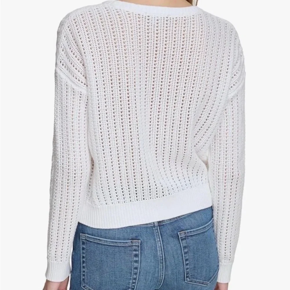 DKNY Jeans Women’s M Open Stitch Long Sleeve Cotton Sweater White Knitted Beach - Picture 12 of 12